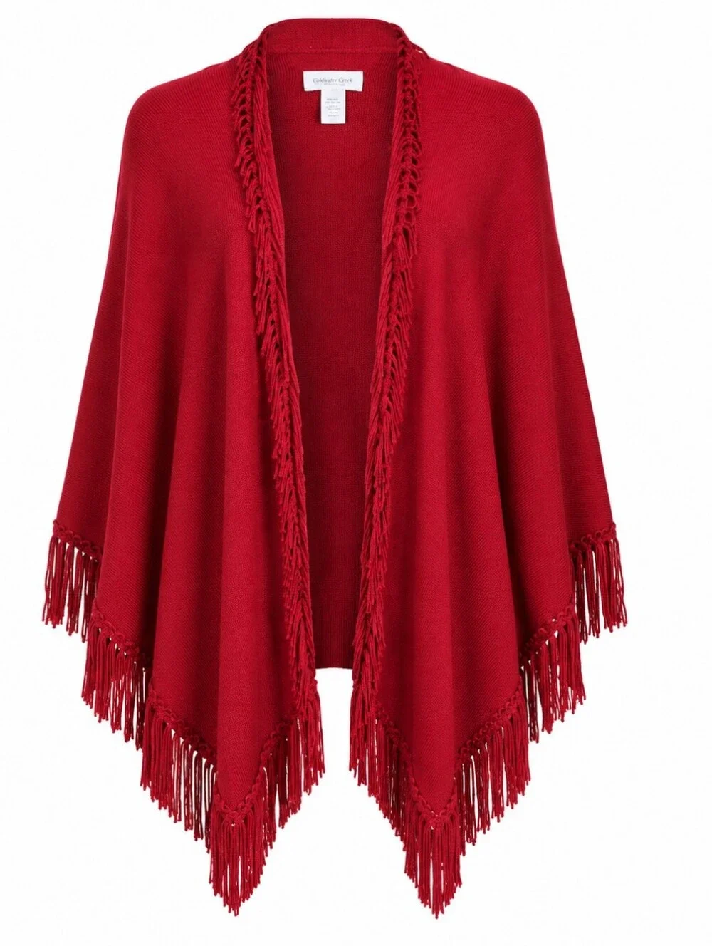 COLDWATER CREEK | Red Fringe Shawl Wrap Poncho Ruana Open Front Holiday | OS
